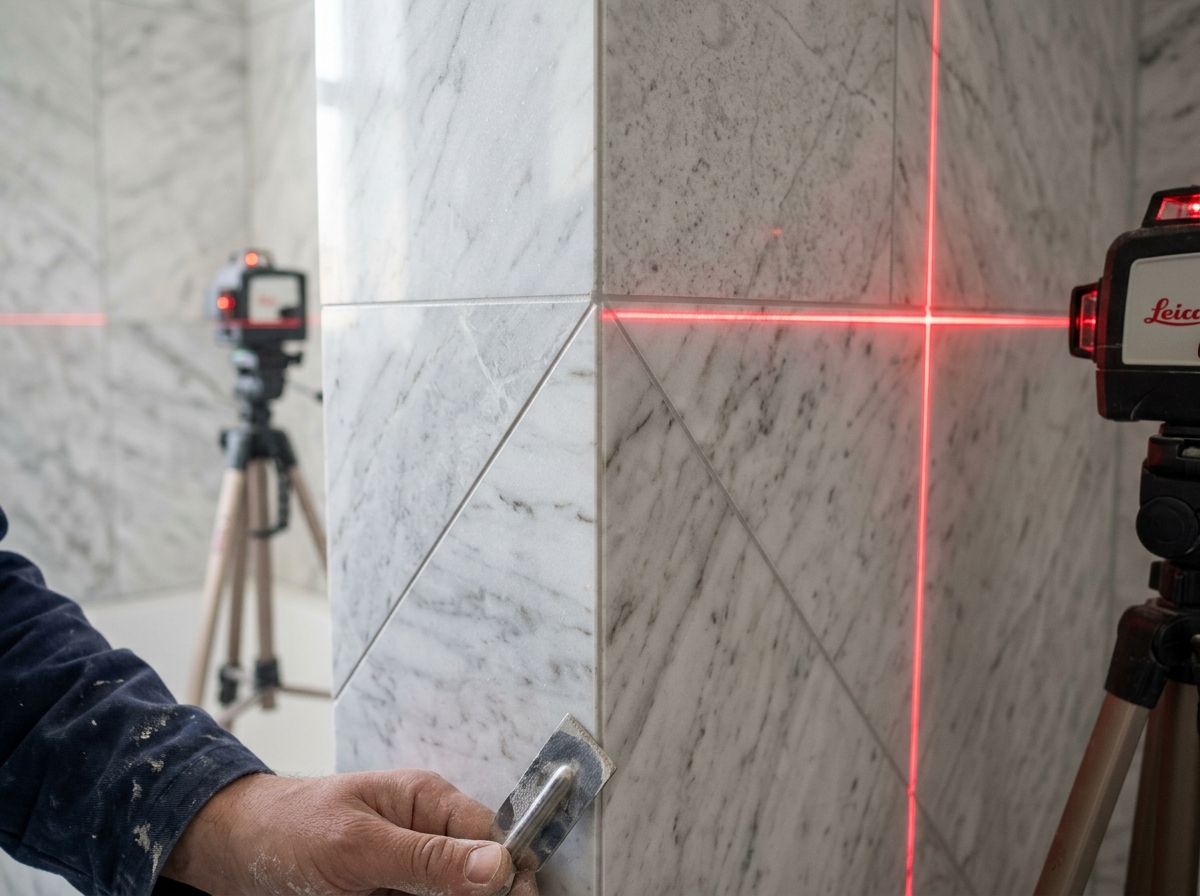 Detalhamento do acabamento com raio laser de precisão para quina viva em porcelanato marmorizado